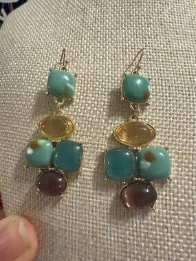 Gold-Tone Turquoise Colored Stones & Multistone Dangle Earrings